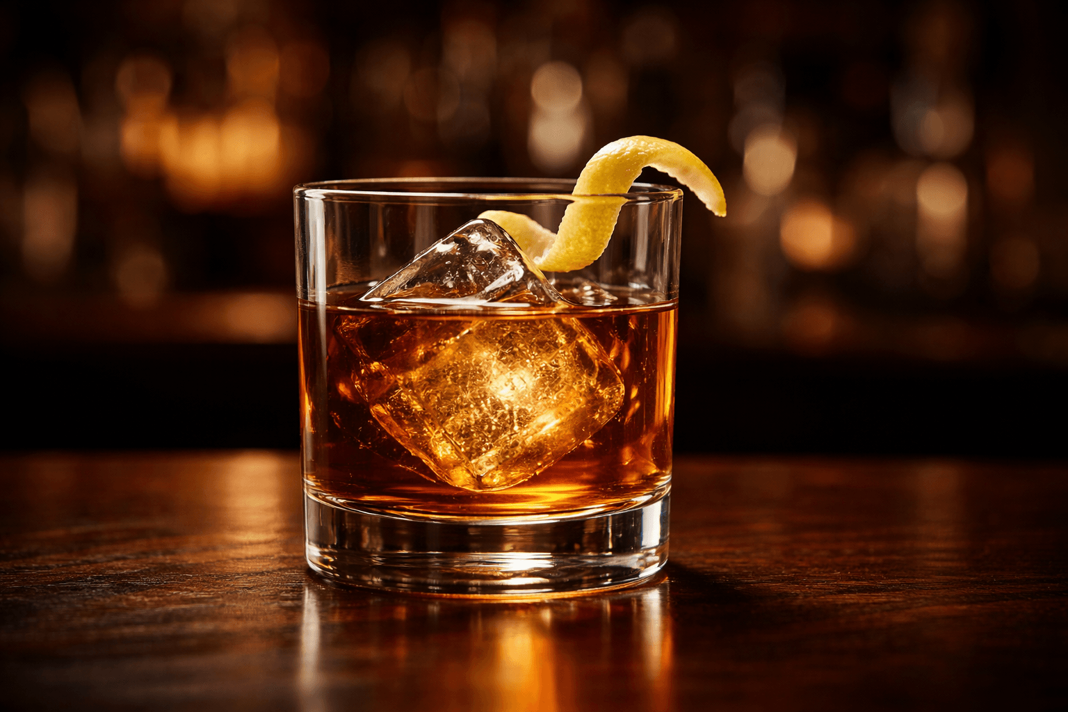 A rocks glass Rusty Nail over a large clear ice cube with a lemon twist.
