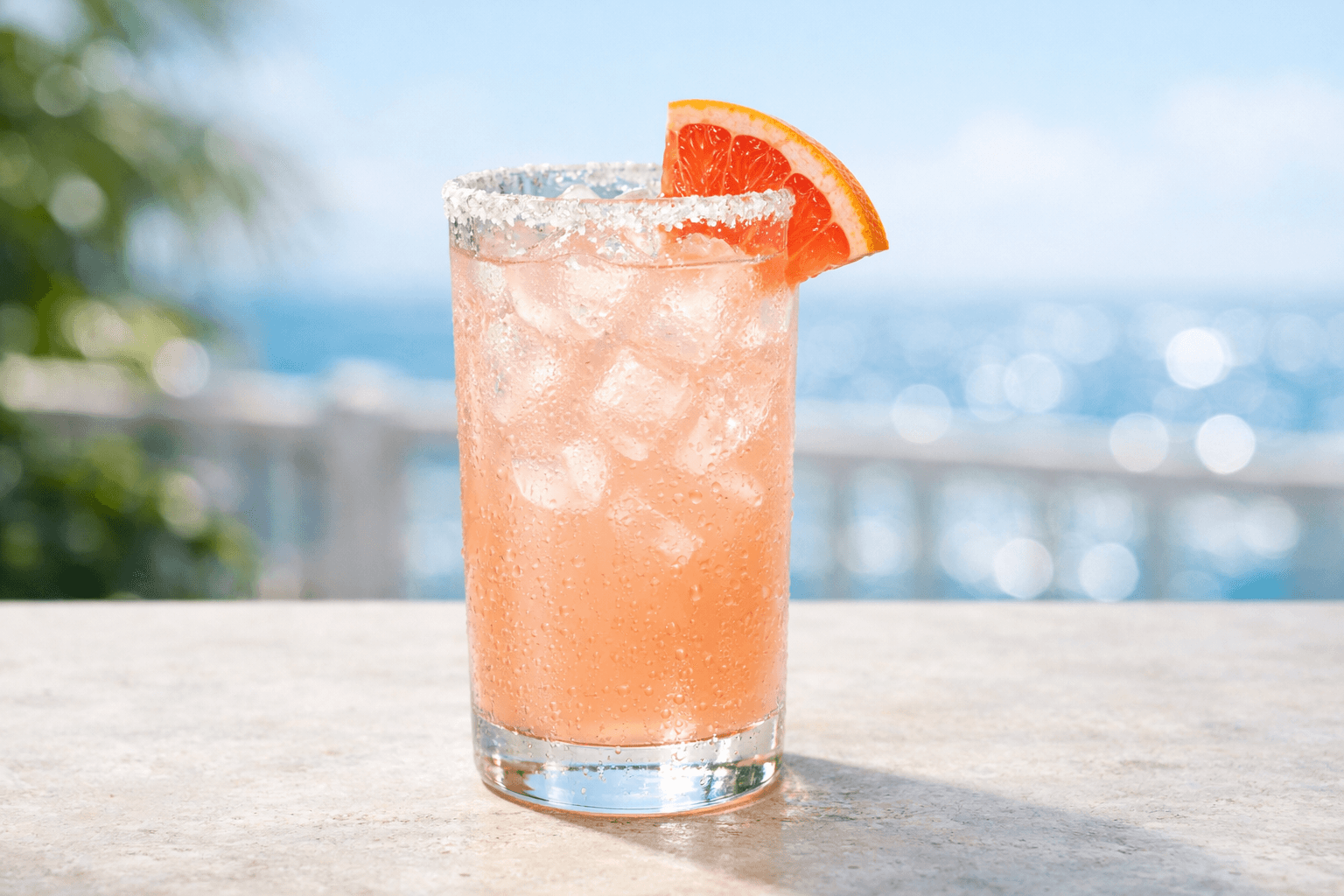 A Salty Dog in a highball glass with a salted rim and pink grapefruit juice.