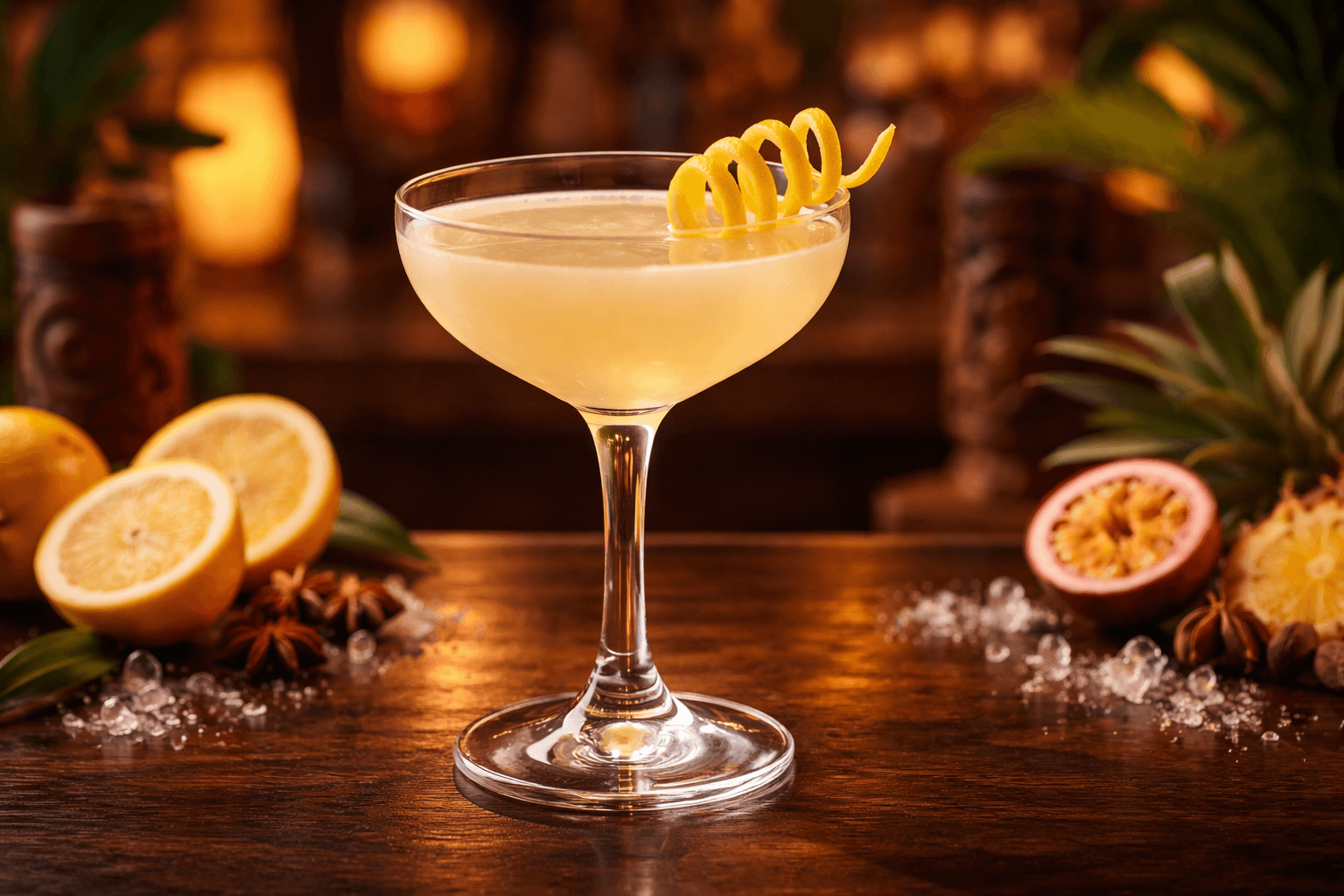 A Saturn cocktail in a coupe with citrus spiral garnish.