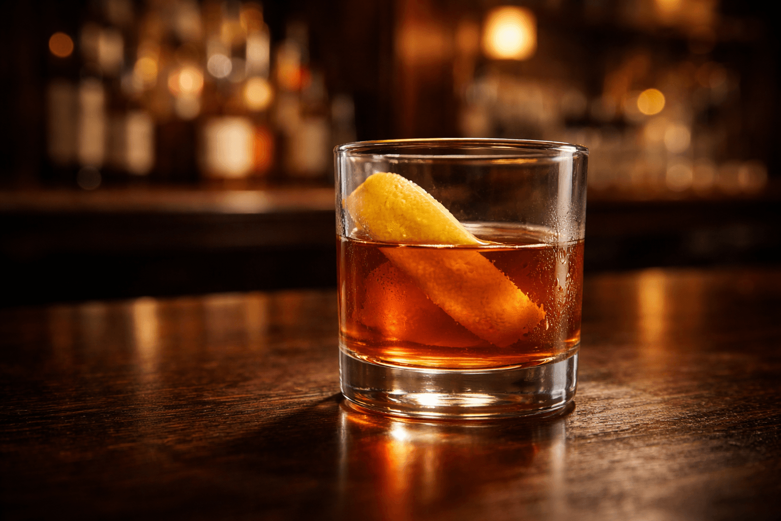 A Sazerac served neat in a chilled rocks glass with a thin lemon twist expressed over the surface.