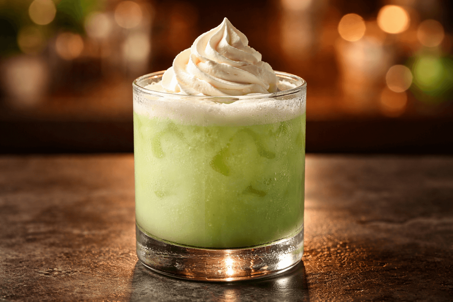 A Scooby Snack in a rocks glass with a frothy green foam.