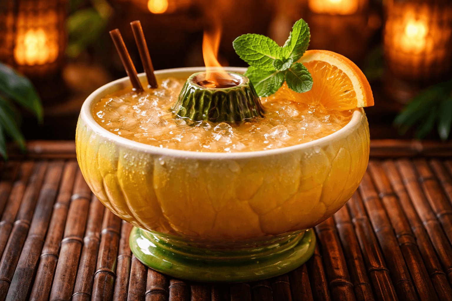 A Scorpion bowl drink with mint and citrus garnish.