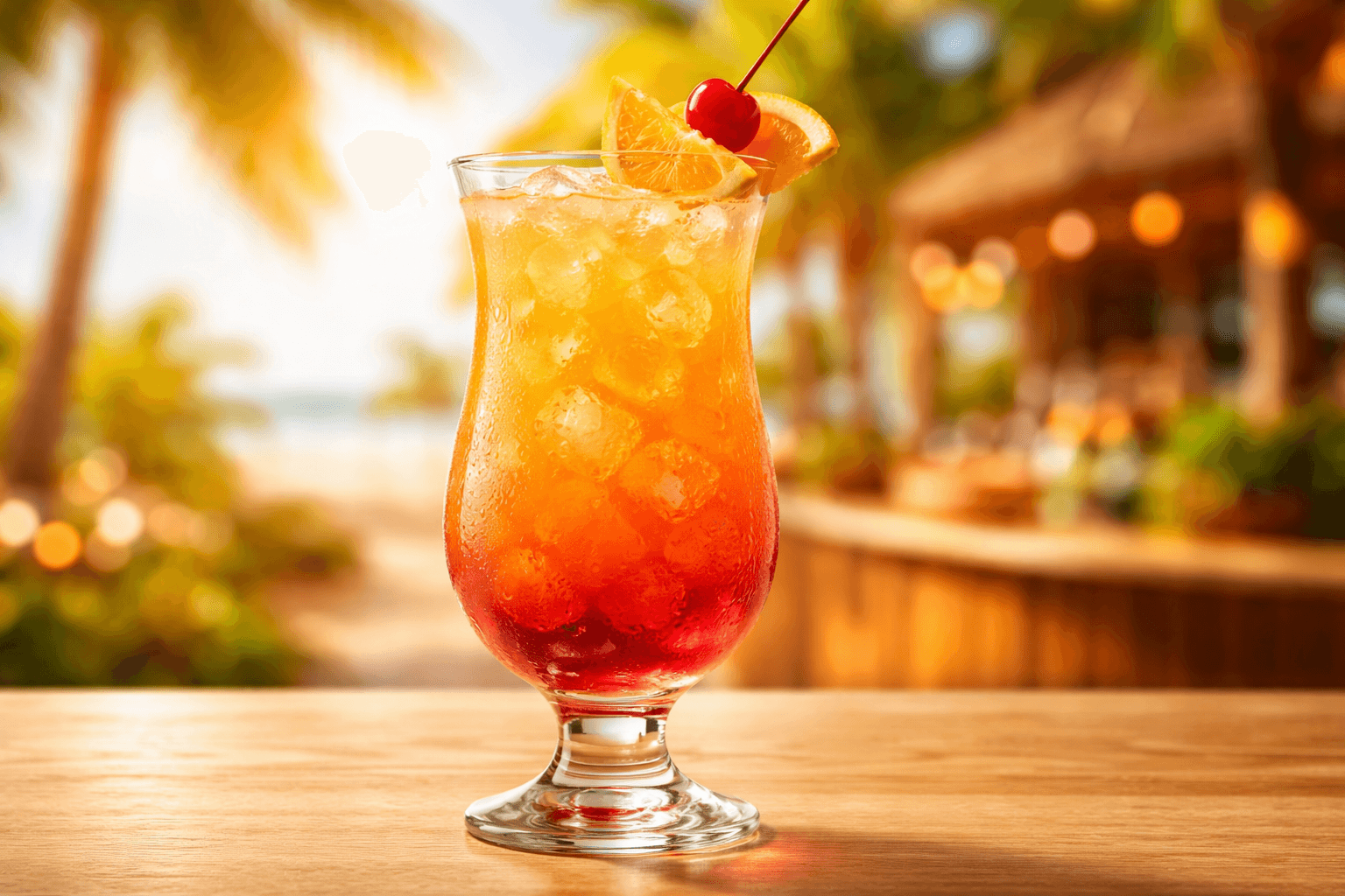 A Sex on the Beach in a hurricane glass with orange wedge and cherry.