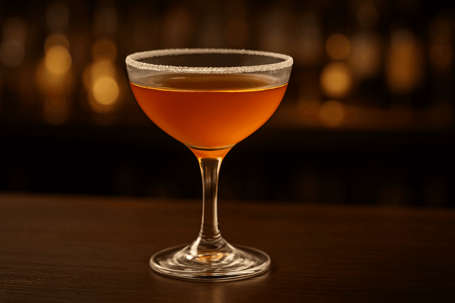 A Sidecar in a stemmed cocktail glass with a light sugared rim and a thin lemon twist resting on the edge.