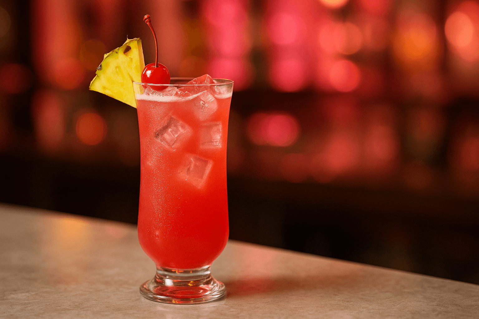 A tall Singapore Sling with a red‑pink body, foam cap, and pineapple frond.