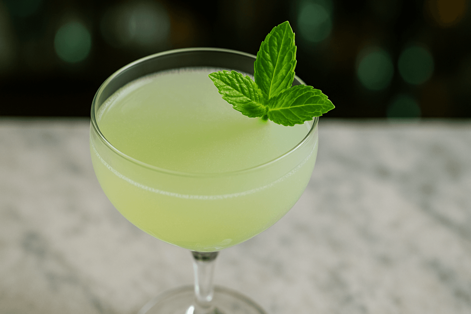 A coupe of Southside with fine texture and a mint leaf garnish.