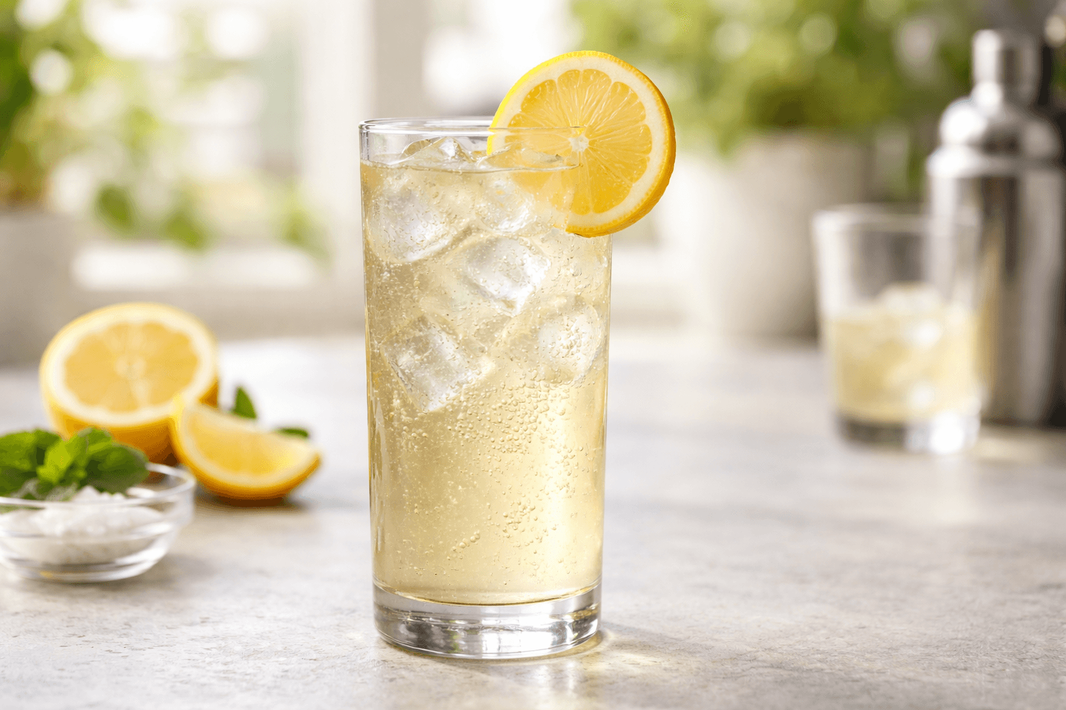 A Tequila Collins in a tall Collins glass with lemon wheel.
