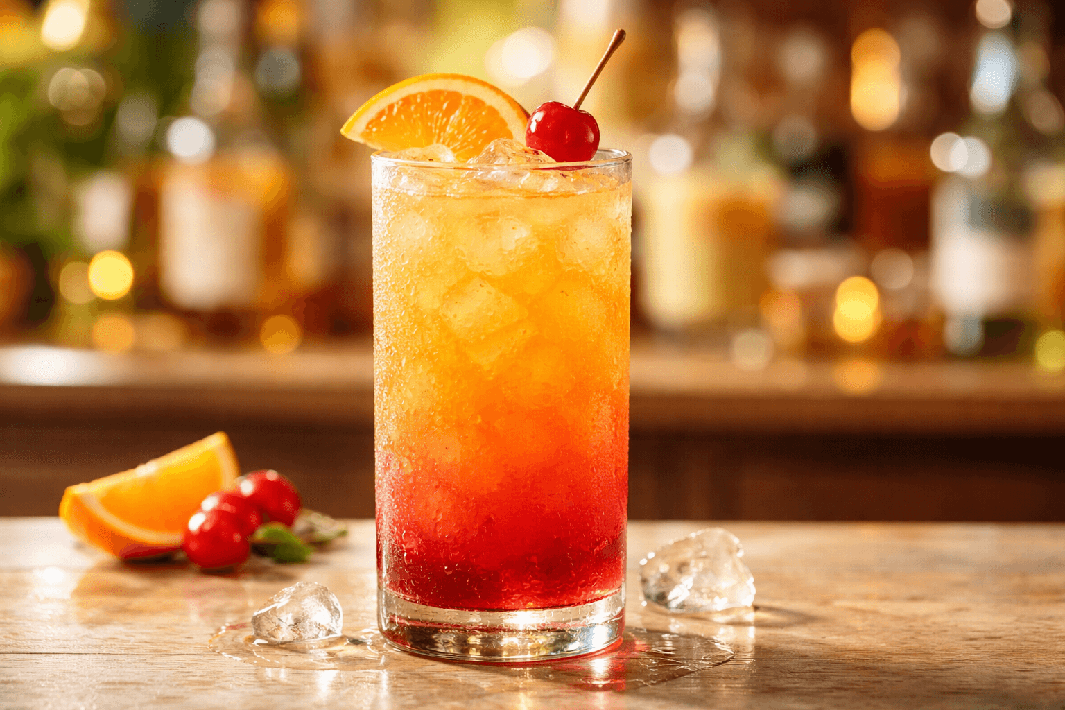 A Tequila Sunrise in a highball glass with a red-to-yellow gradient.