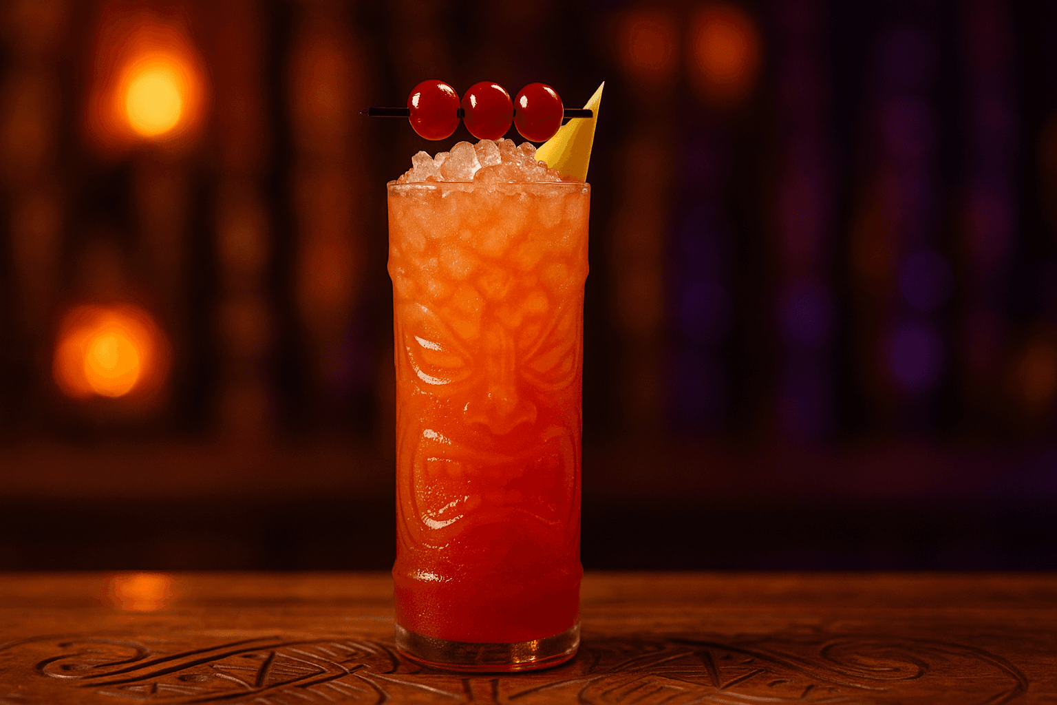 A tiki glass Three Dots and a Dash with three cherries and a pineapple leaf.