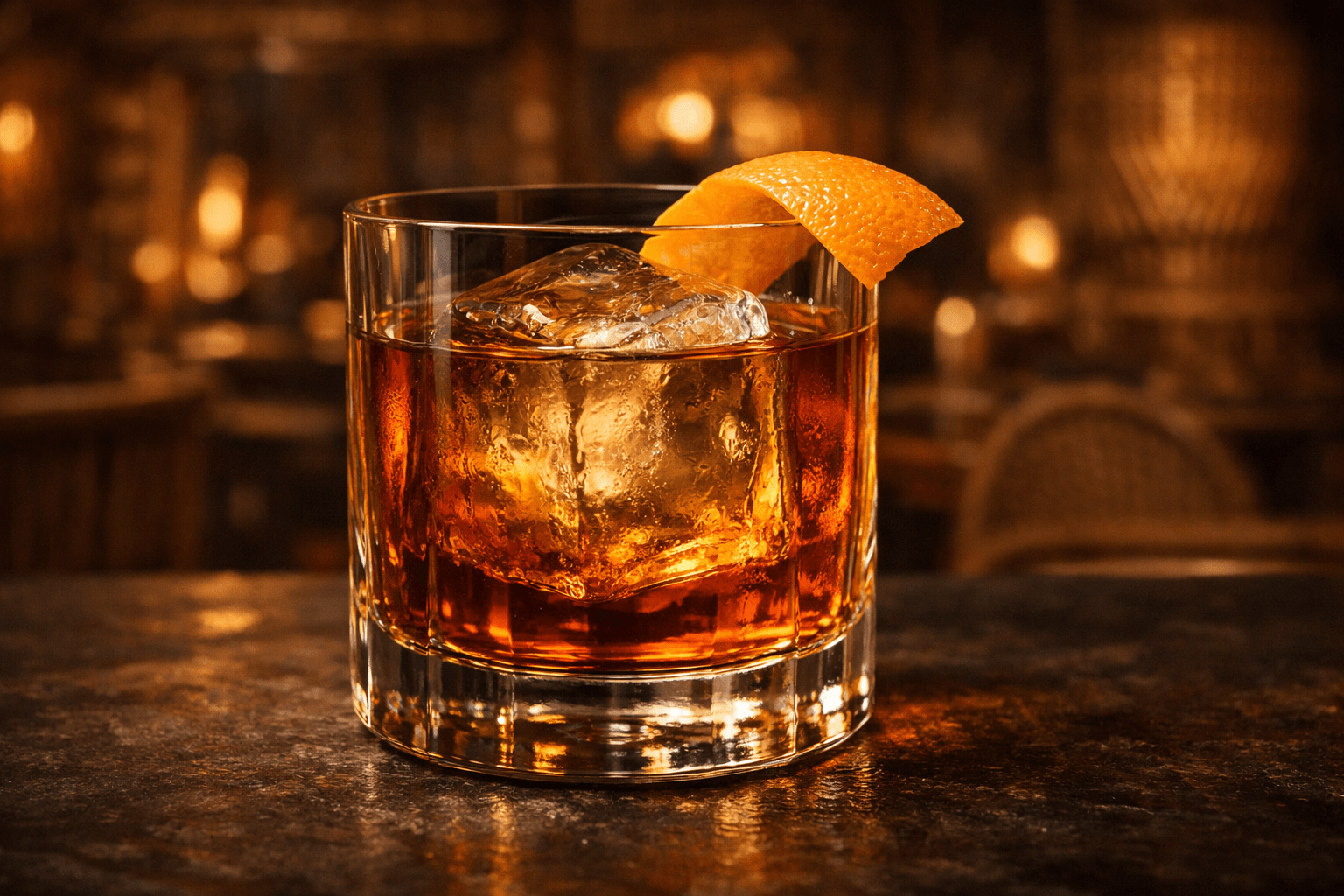 A rocks glass Tiki Old Fashioned on a large clear cube with orange peel.
