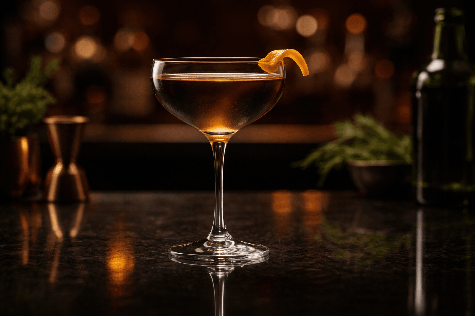 A coupe of Tipperary with a dark copper color and a small orange twist on the rim.