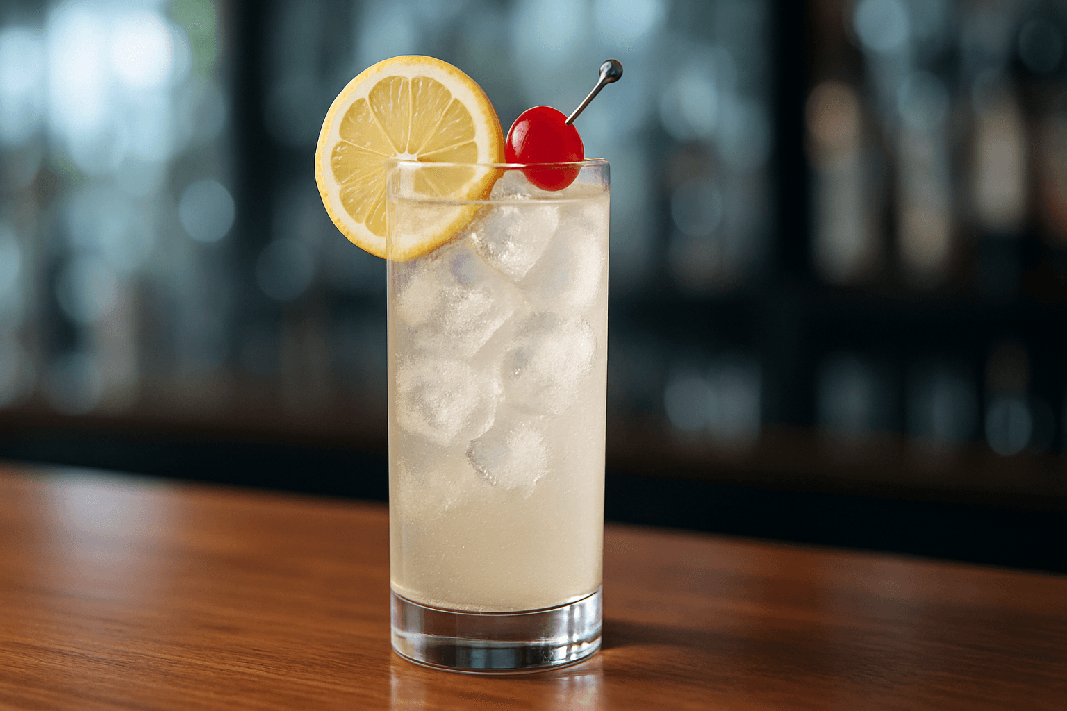A Tom Collins in a tall Collins glass filled with ice, a lemon wheel, and a cherry on a skewer.