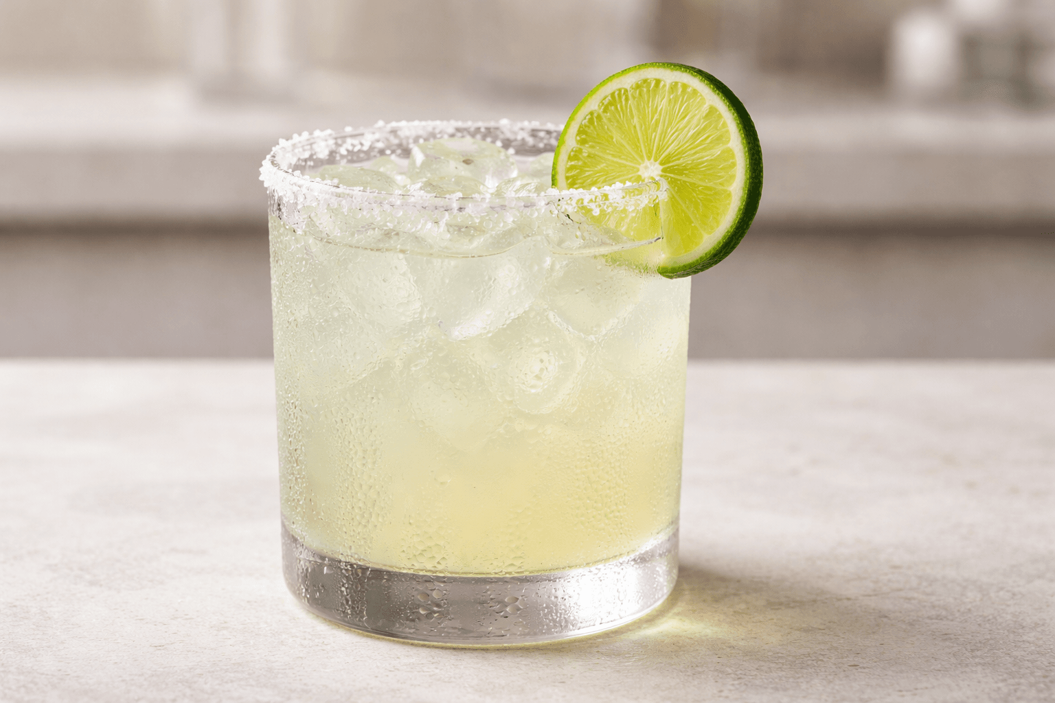 A Tommy’s Margarita in a rocks glass with a lime wheel.
