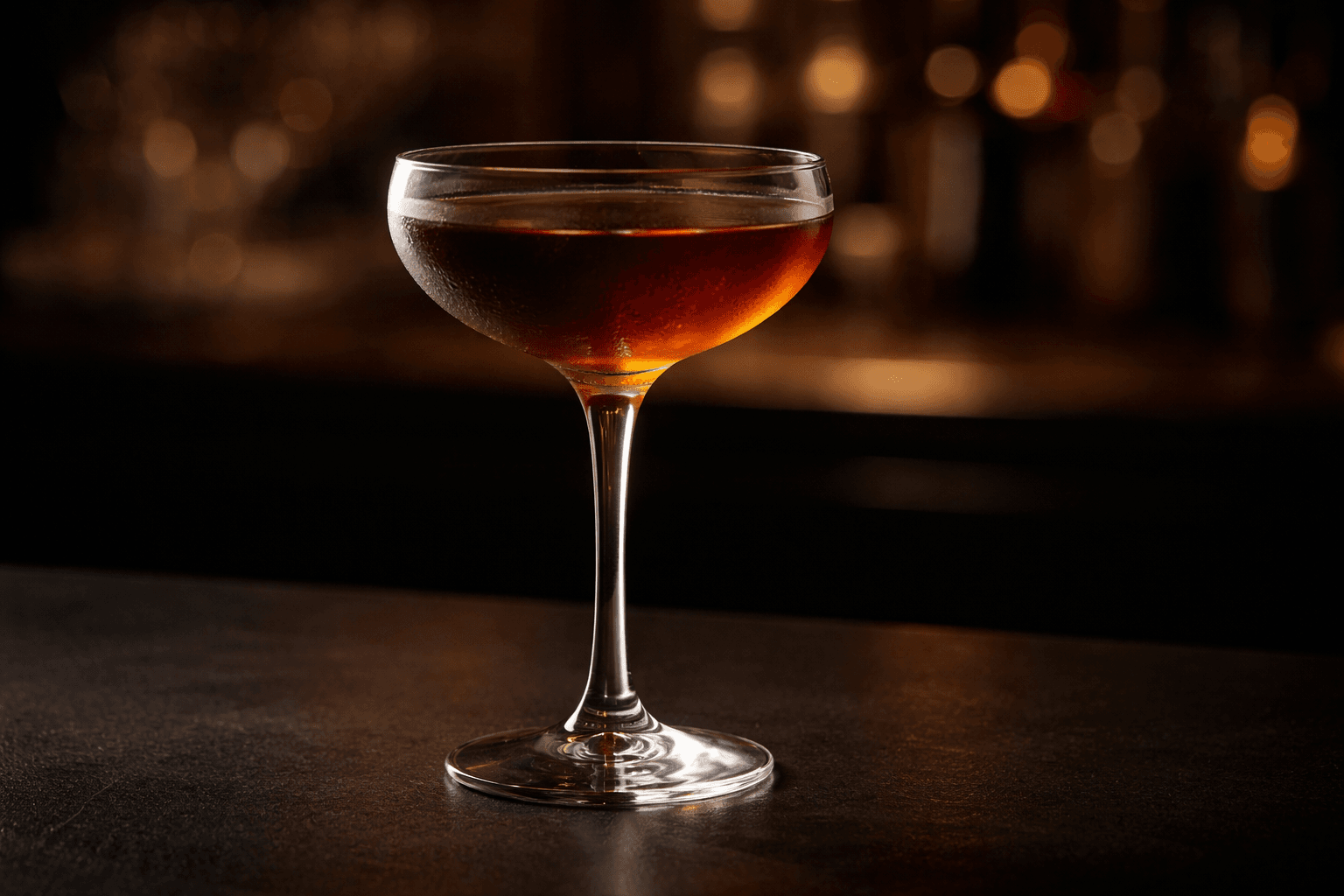 A chilled coupe of Toronto with deep amber color and an expressed orange twist on the rim.