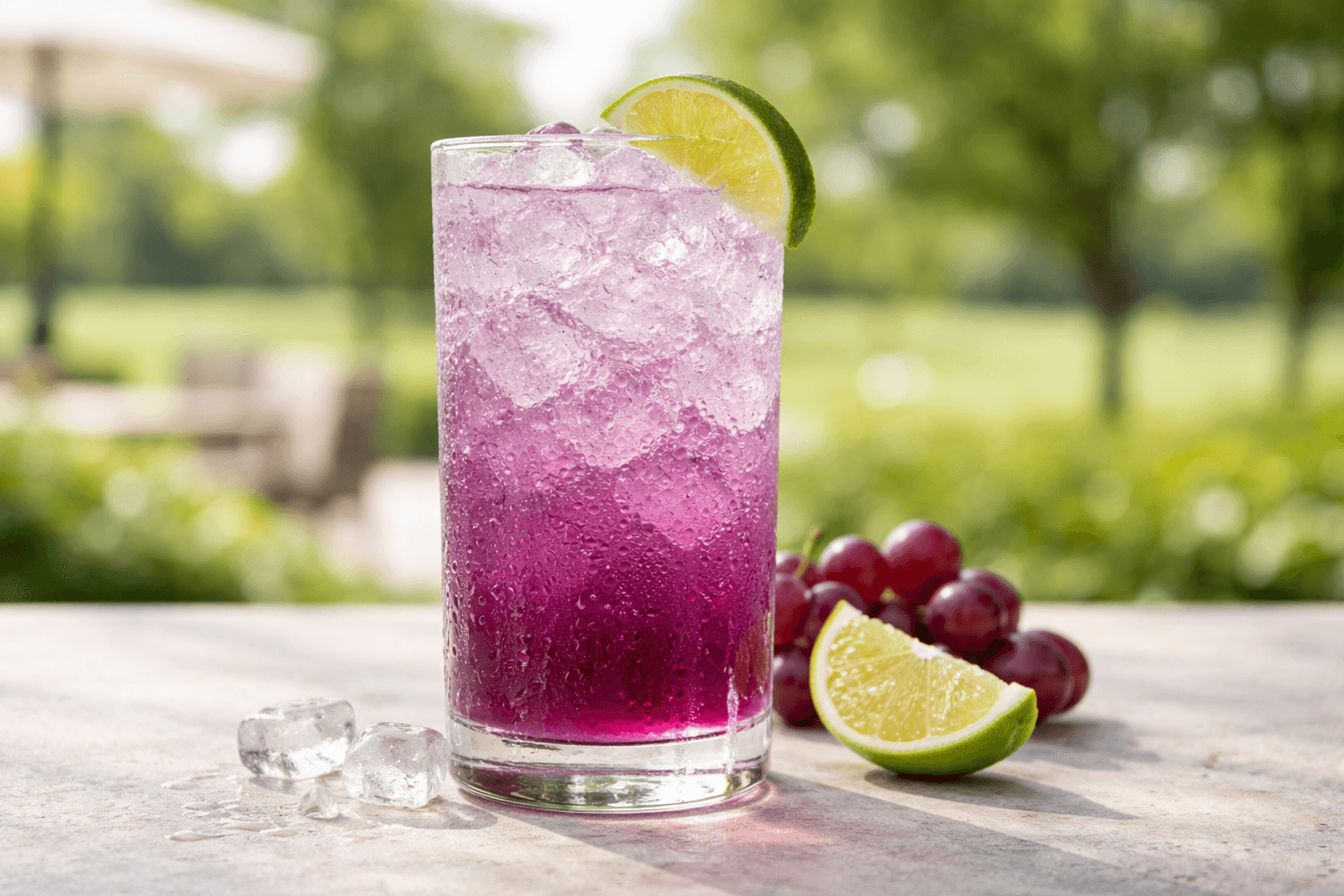 A Transfusion in a pint glass with purple gradient and a lime wedge.