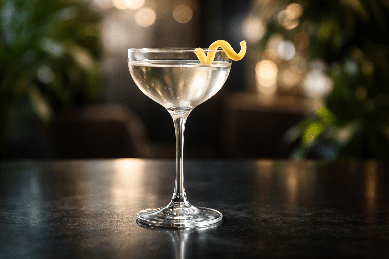 A Turf Club in a Nick & Nora glass with a lemon twist.