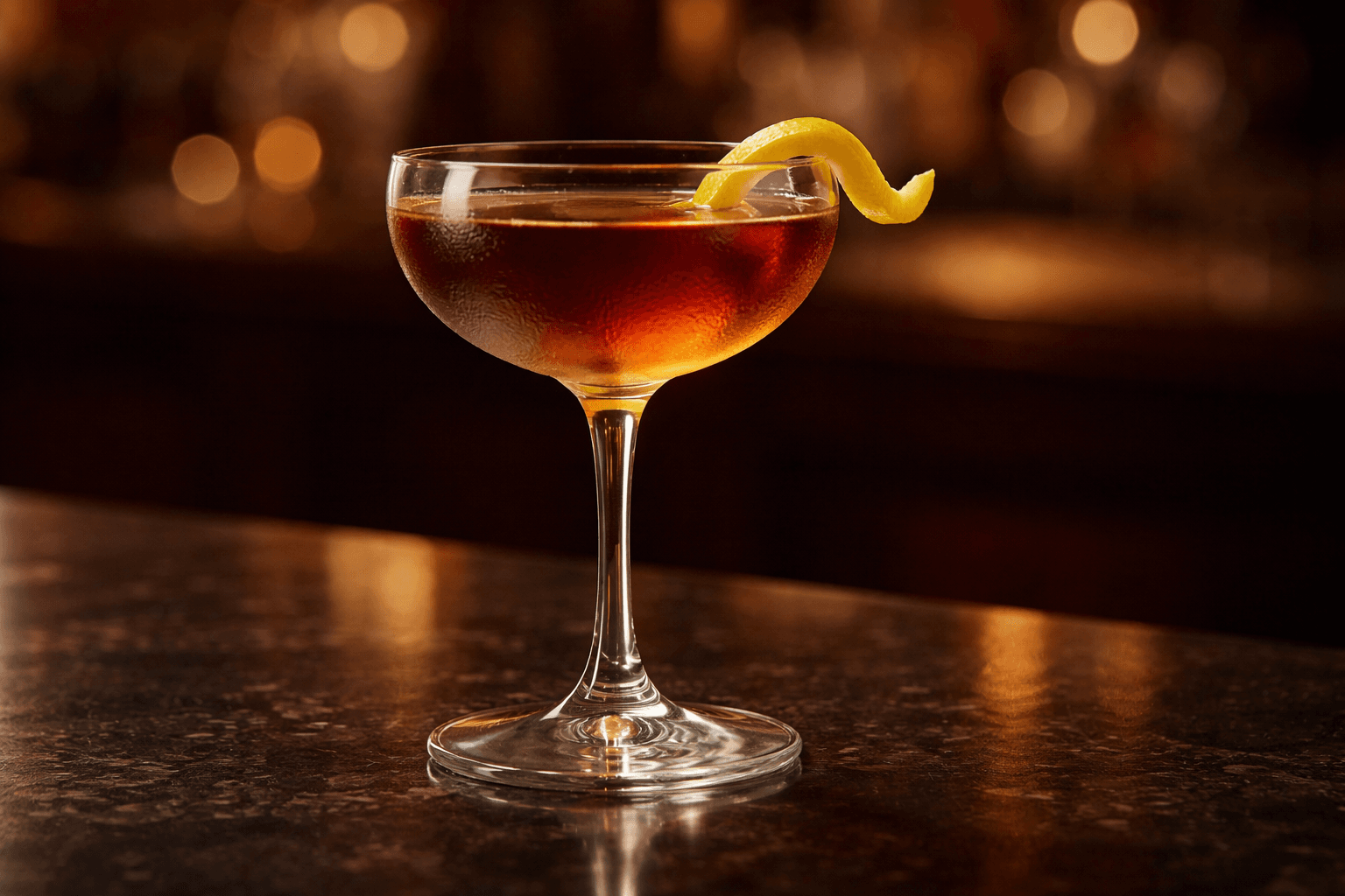 A Vermouth Cocktail in a chilled coupe with a lemon twist.