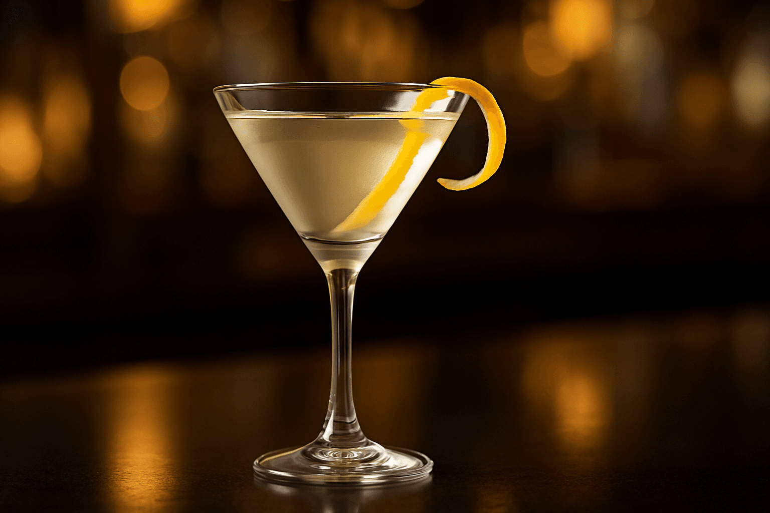 A chilled Vesper Martini in a deep-stemmed cocktail glass with a long lemon twist.
