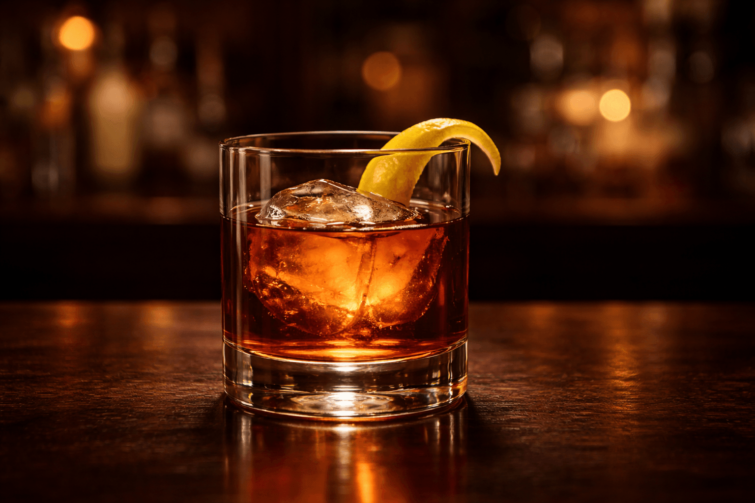 A Vieux Carré in a rocks glass over a large cube with lemon twist.