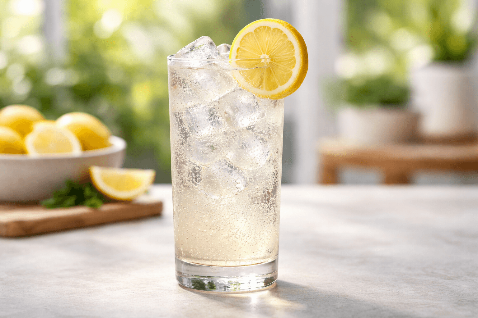 A Vodka Collins in a tall glass with lemon wheel and bubbles.