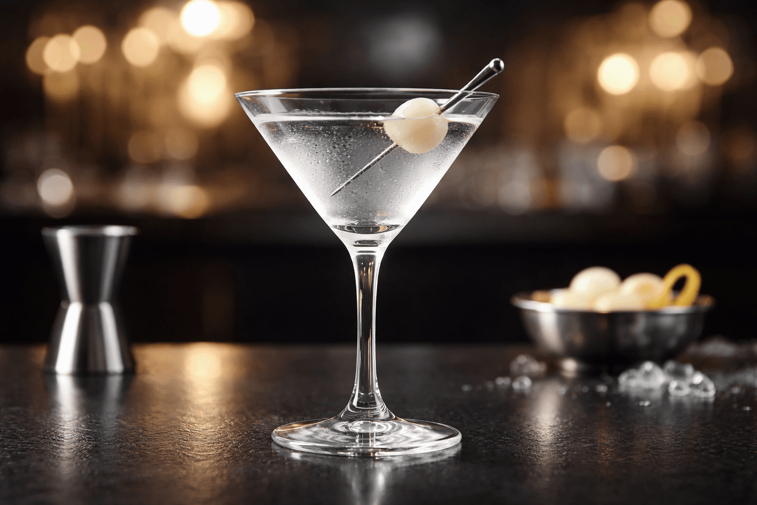 A clear Vodka Gibson in a cocktail glass with a white pearl onion.