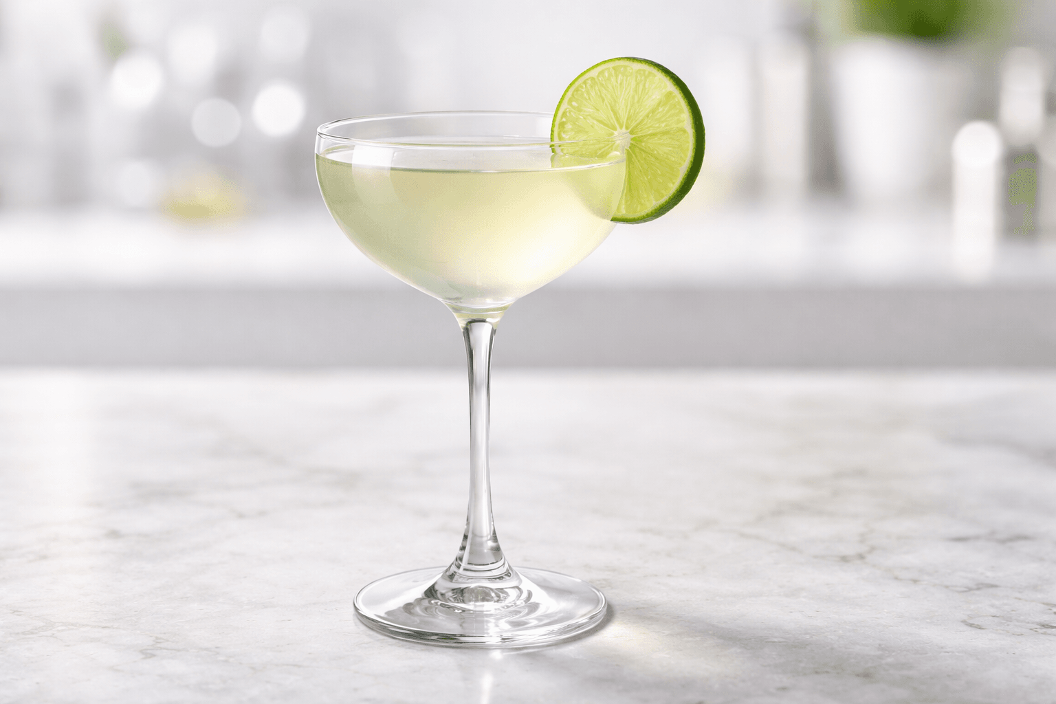 A Vodka Gimlet served in a chilled coupe with a lime wheel.