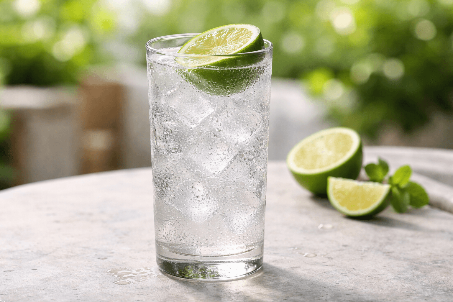 A Vodka Rickey in a highball glass with a lime half-shell dropped in.