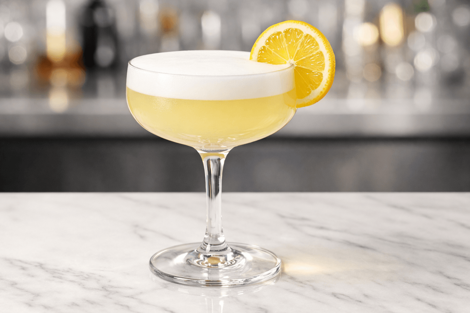 A coupe of Vodka Sour with pale color and a smooth white foam.