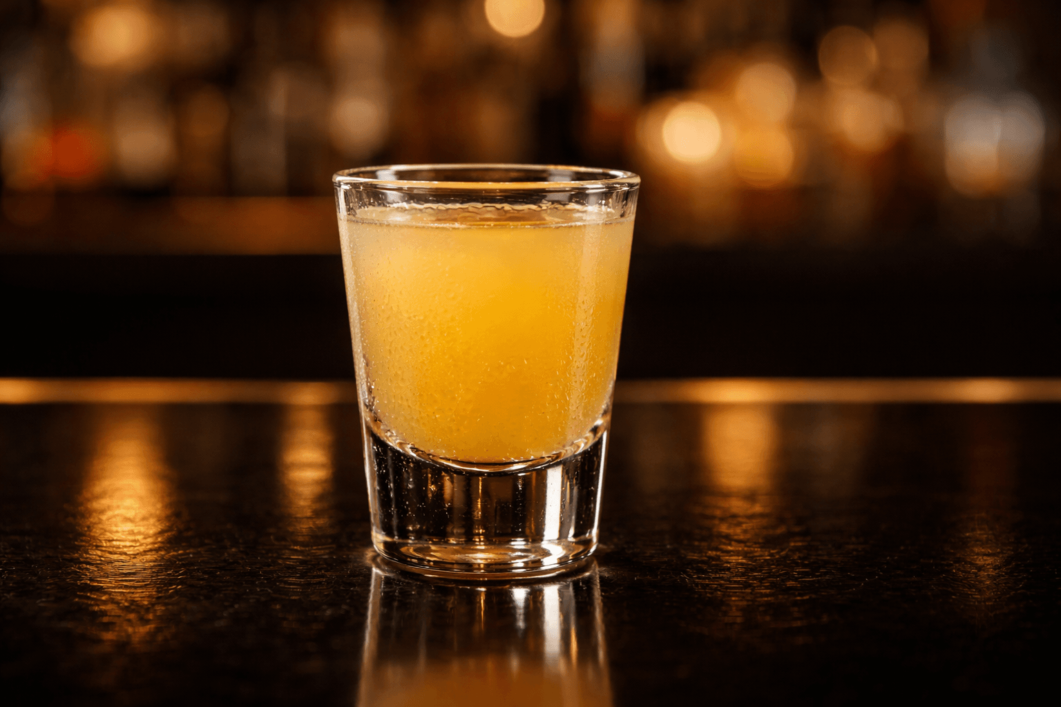 A Water Moccasin shot in a glass with a golden-yellow color.