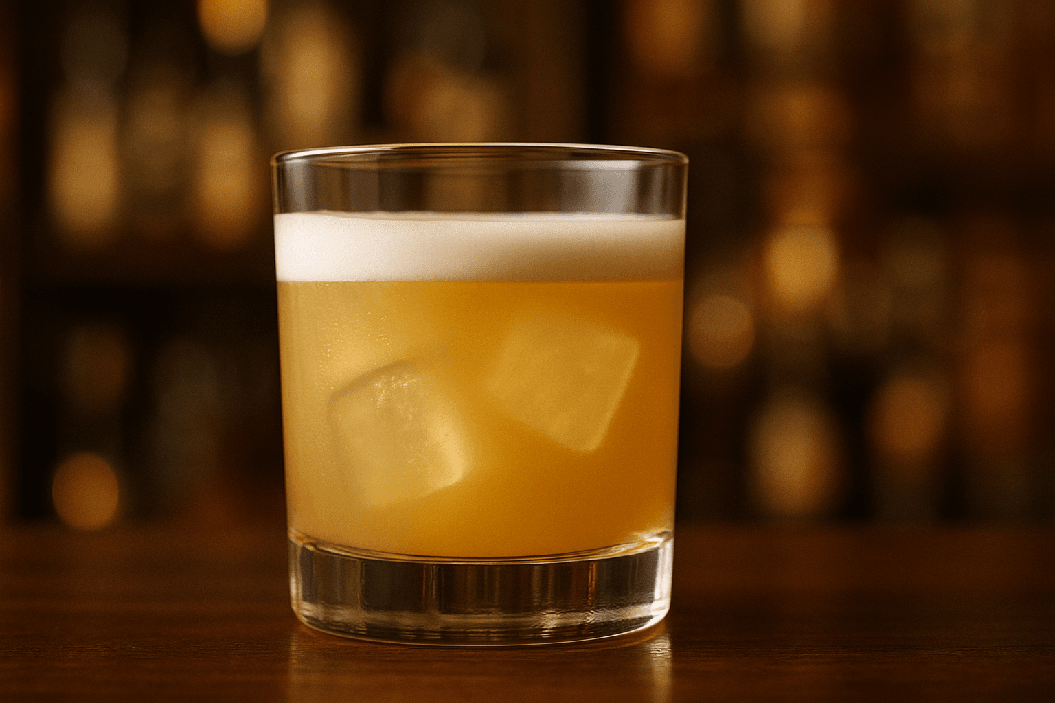 A Whiskey Sour in a rocks glass with a foamy top, lemon wheel, and cherry garnish on a wooden bar.