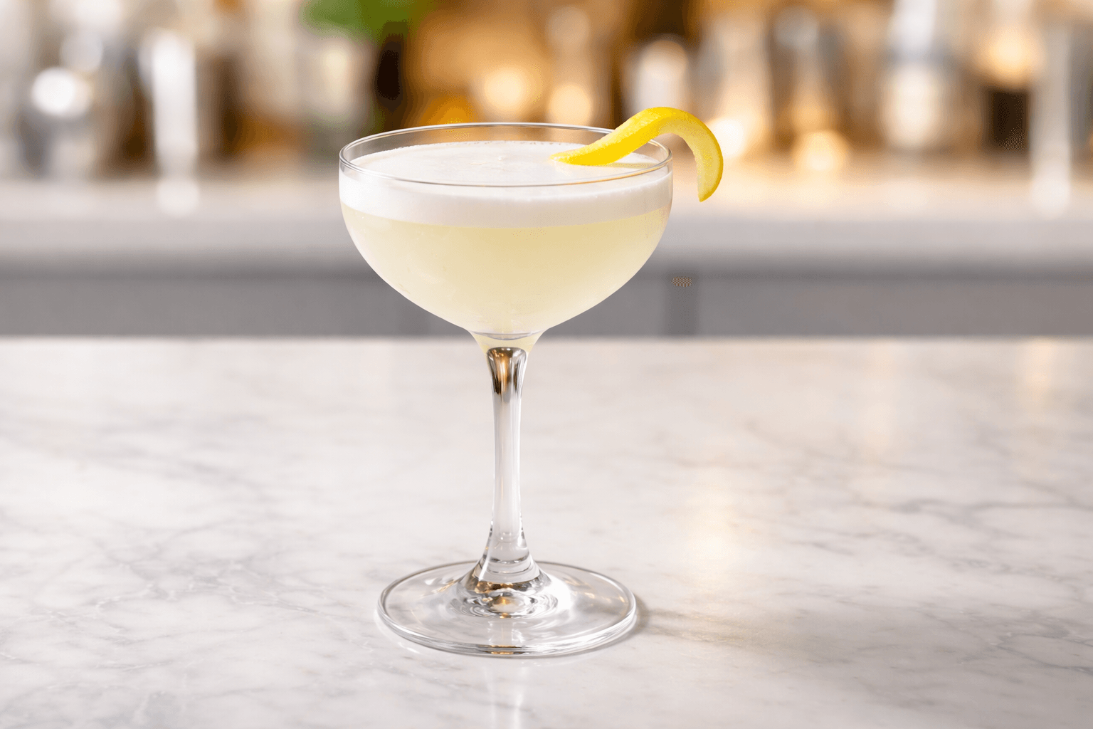 A coupe of White Lady with pale foam and lemon twist.