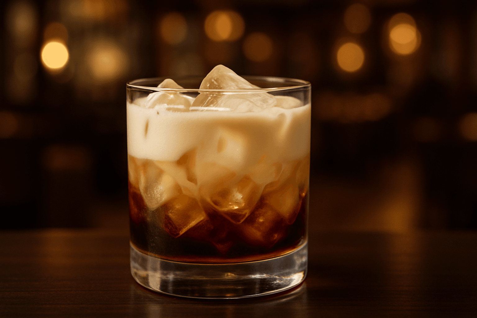 A White Russian over ice with layered cream and dark coffee liqueur.