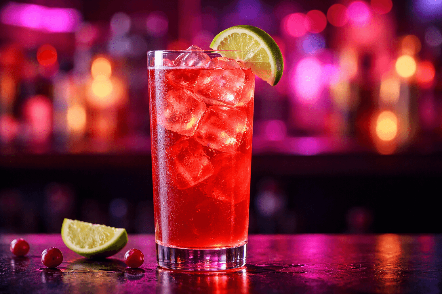 A Woo Woo in a highball glass with a lime wedge.