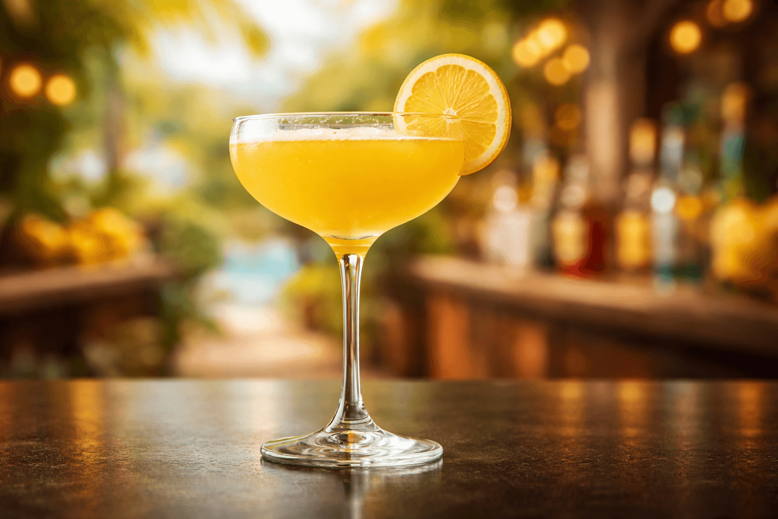 A Yellow Bird in a coupe or highball with a lemon wheel.