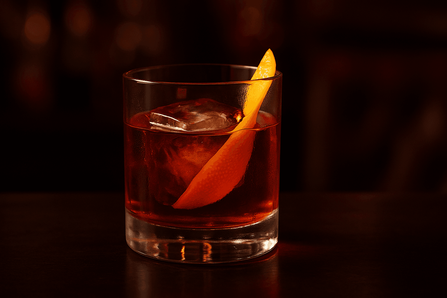 A rocks glass Boulevardier on a large clear ice cube with an orange twist.