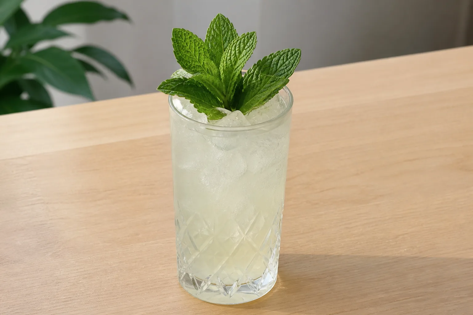 A highball with a fresh upright mint sprig garnish
