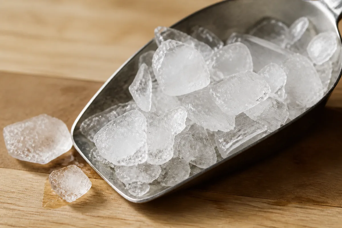 Cracked cocktail ice shards on a tray