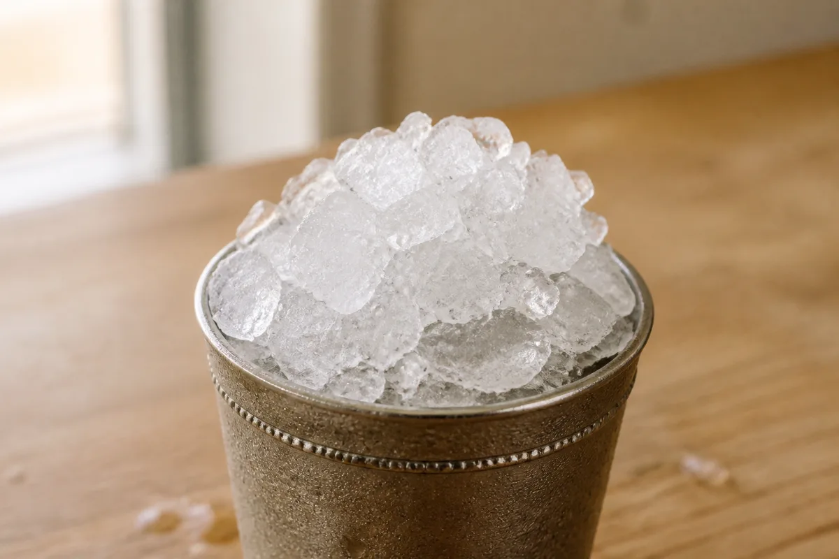 Crushed ice packed in a metal julep cup