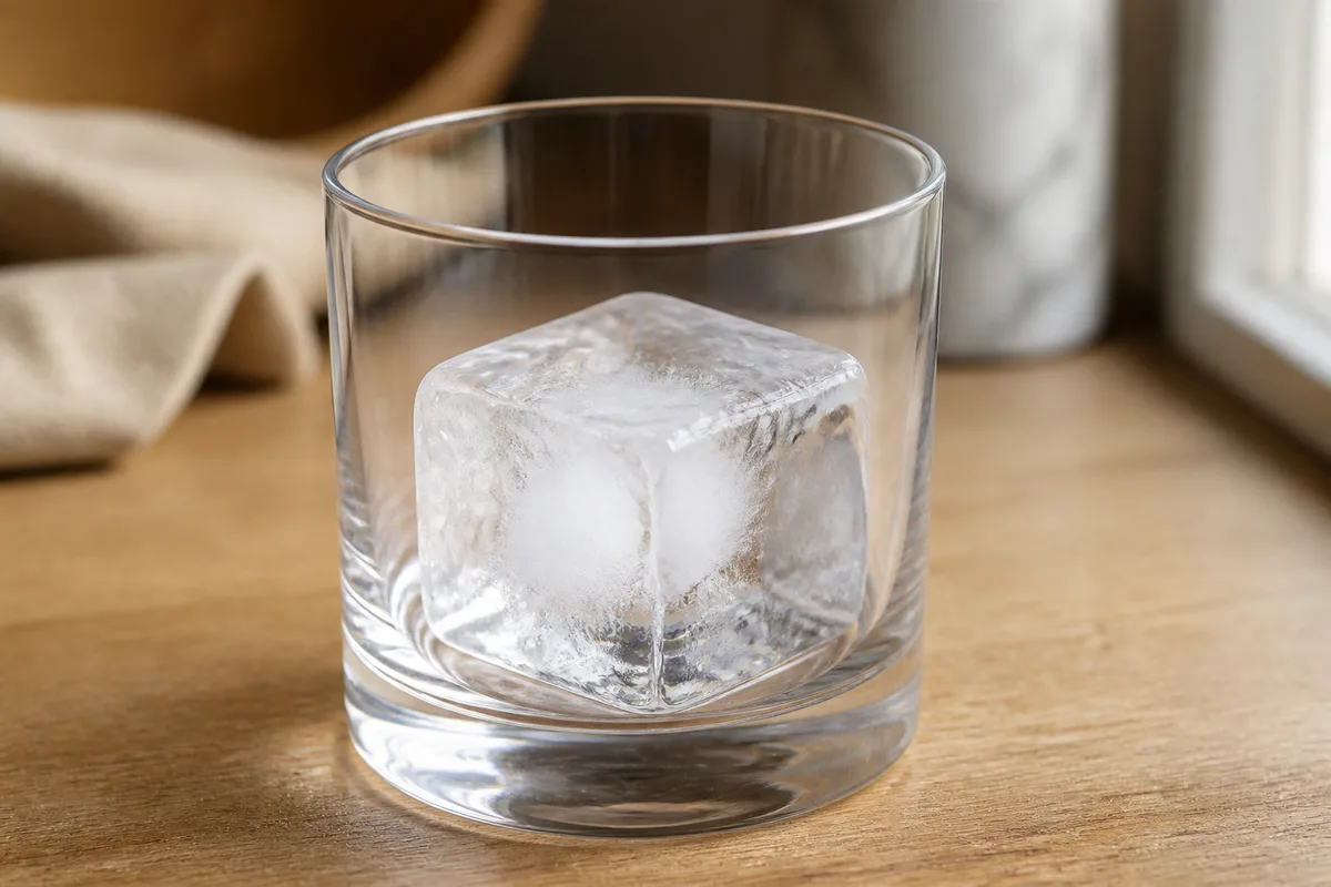 A large clear ice cube in a rocks glass