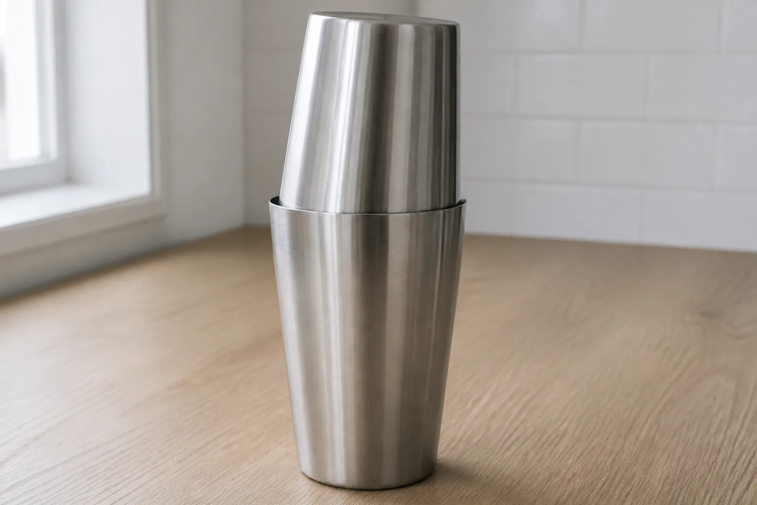 Stainless steel Boston shaker on a kitchen counter
