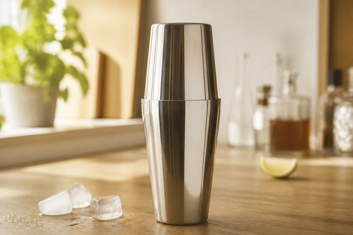 Stainless steel cocktail shaker on a kitchen counter