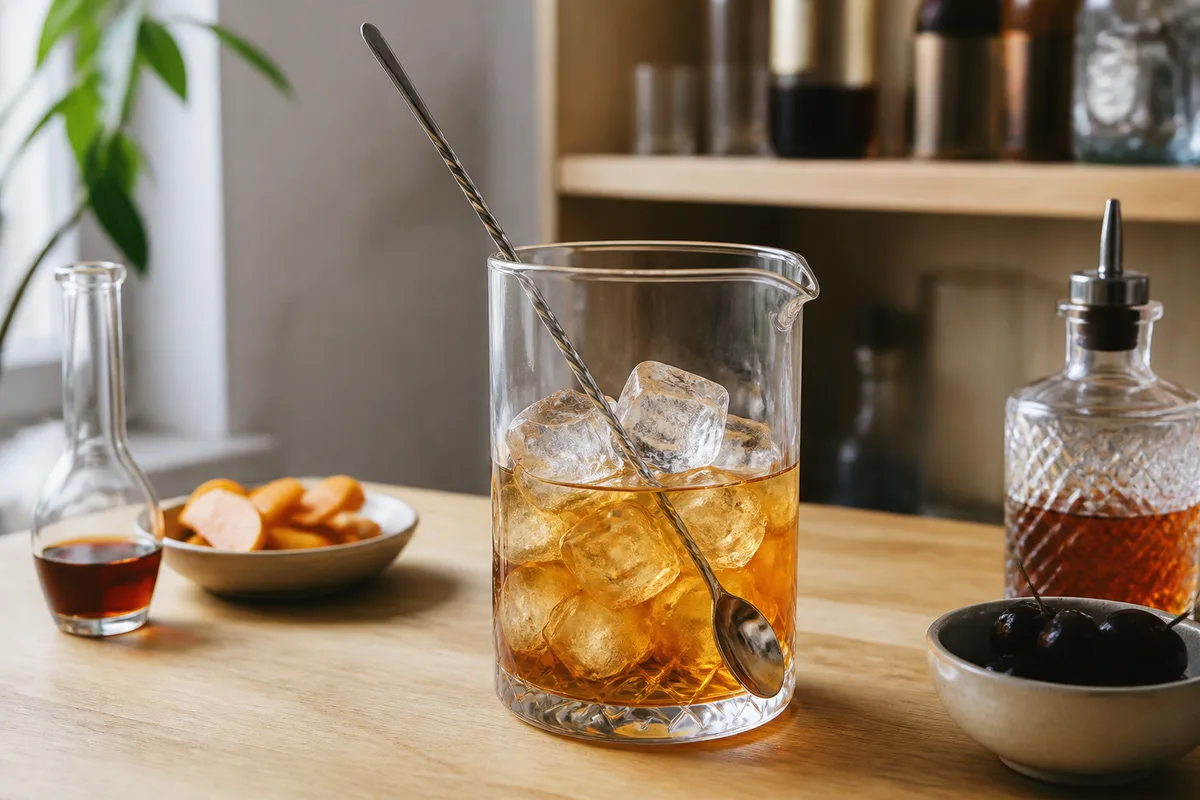Mixing glass with ice and a bar spoon