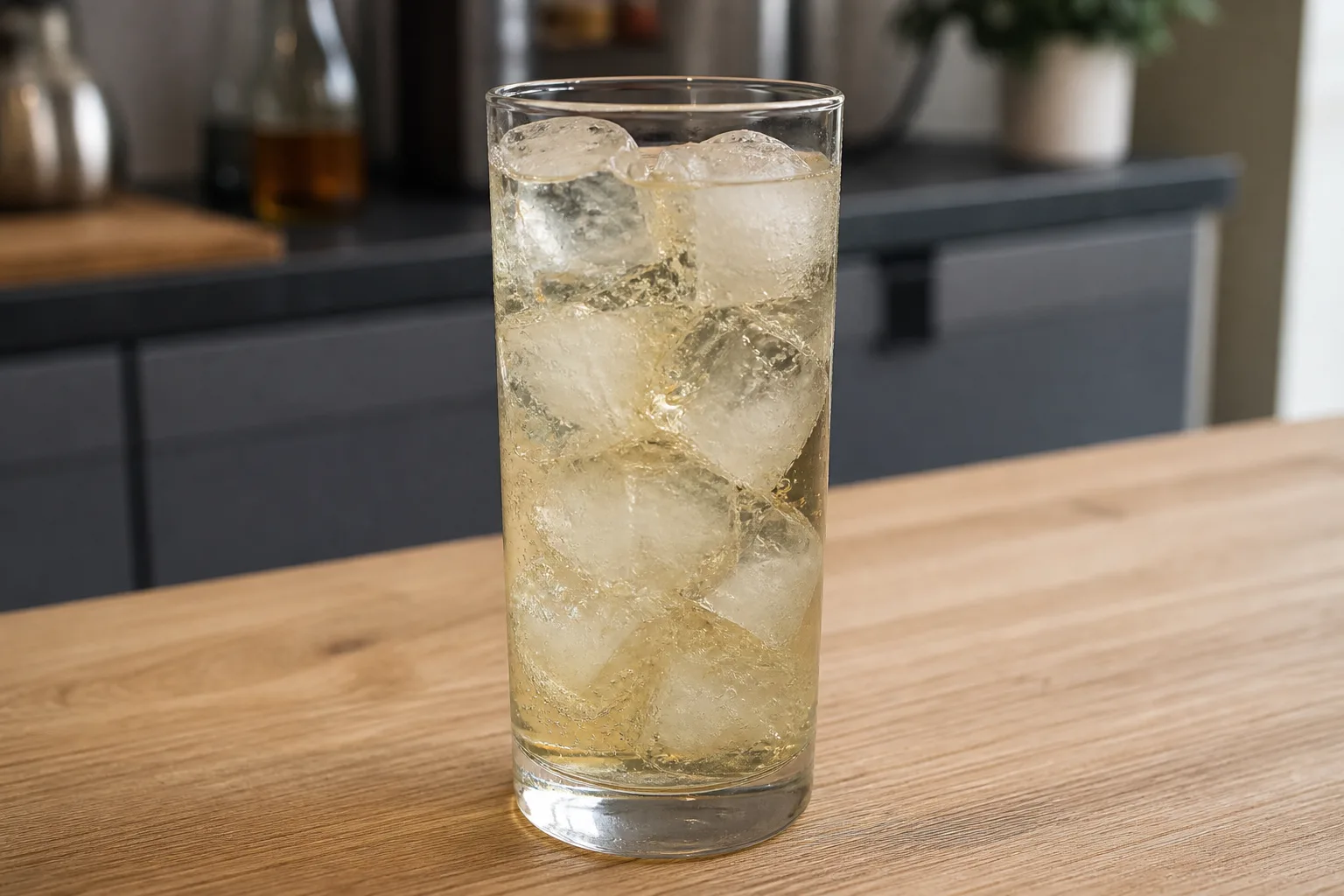 A highball cocktail with ice and soda in a tall glass