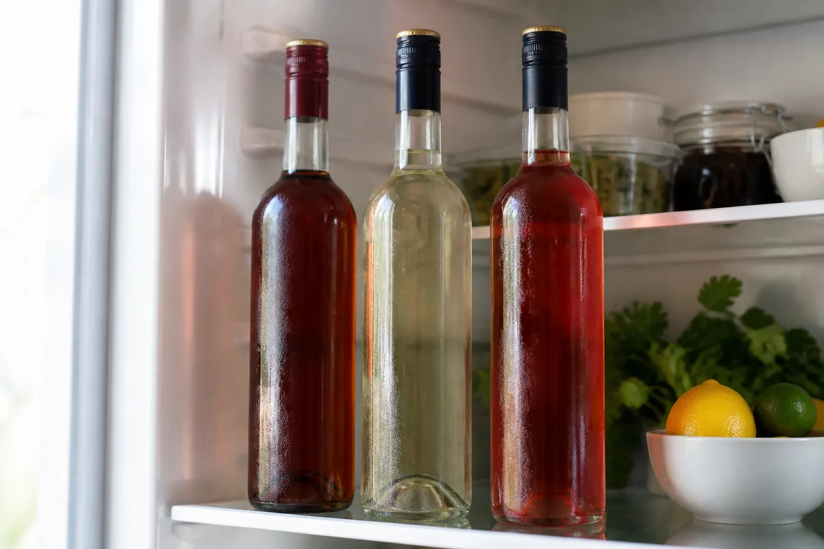 Unlabeled vermouth bottles chilling on a refrigerator shelf