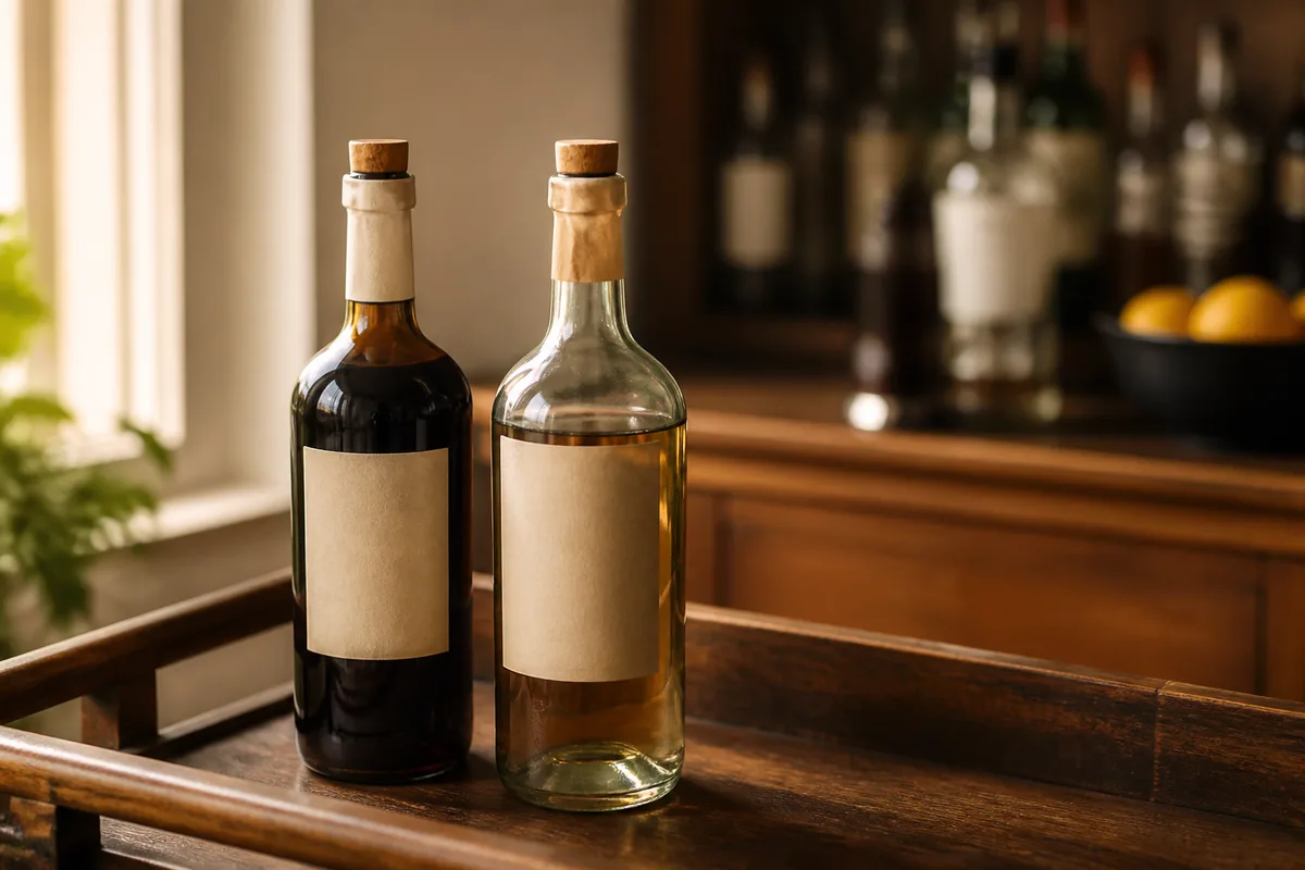 Vermouth bottles left out on a warm wooden bar cart