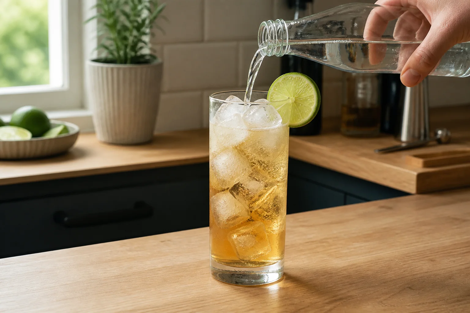 A built highball with ice and lengthener